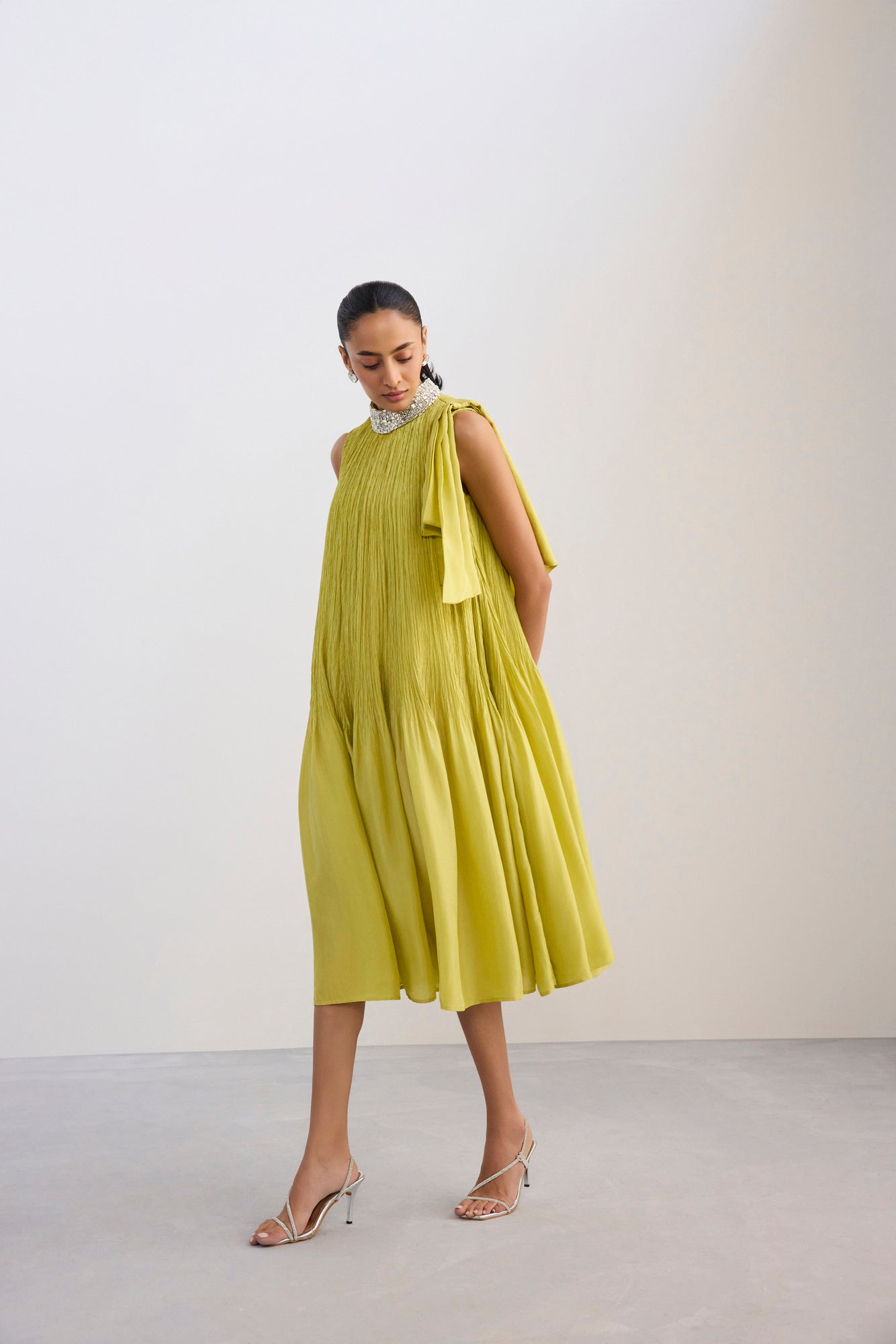 Lime Green Crush Silk Dress With Embellished Neckline – FAABIIANA PRRET