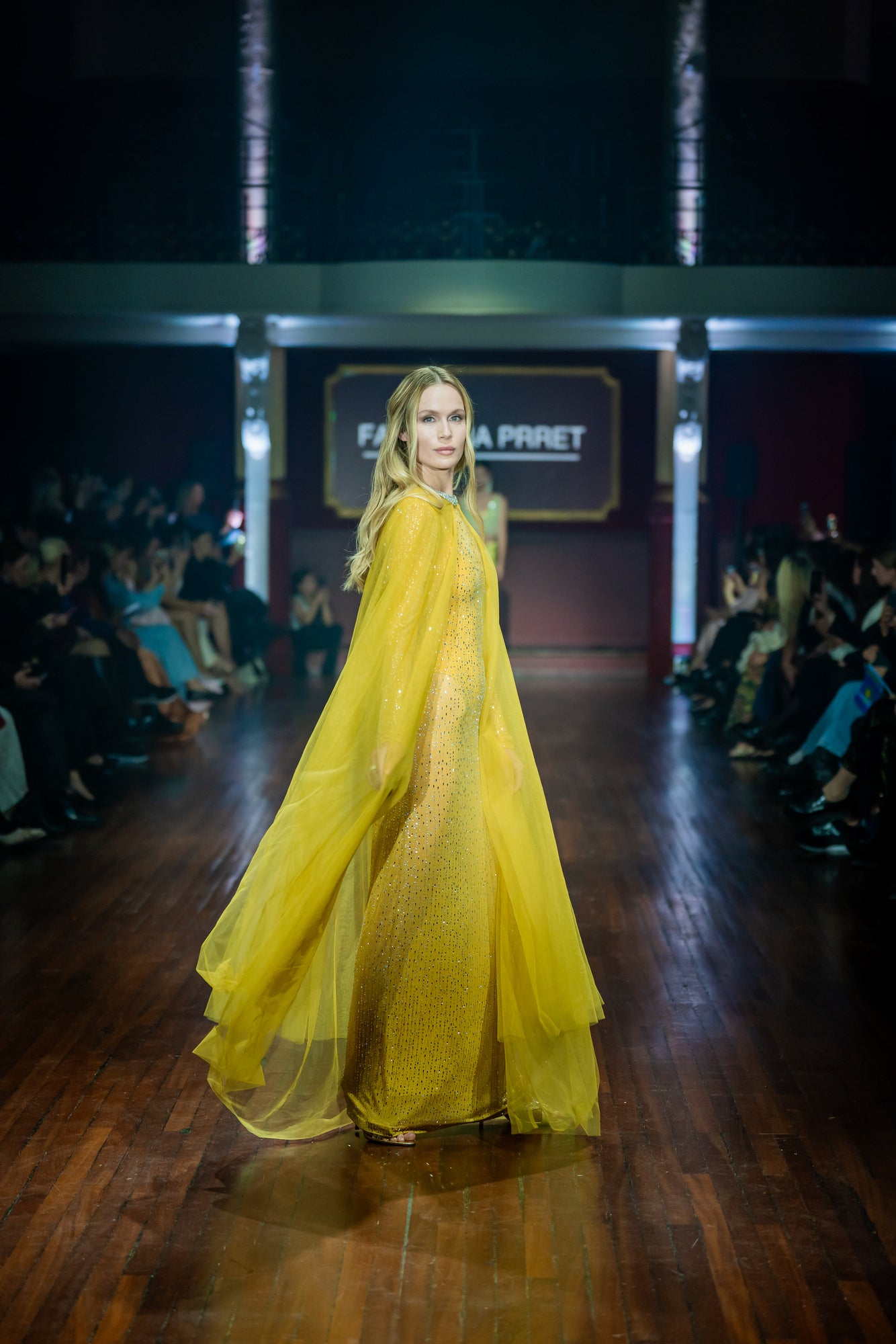 Embroidered Yellow Long Sleeve Dress With Cape