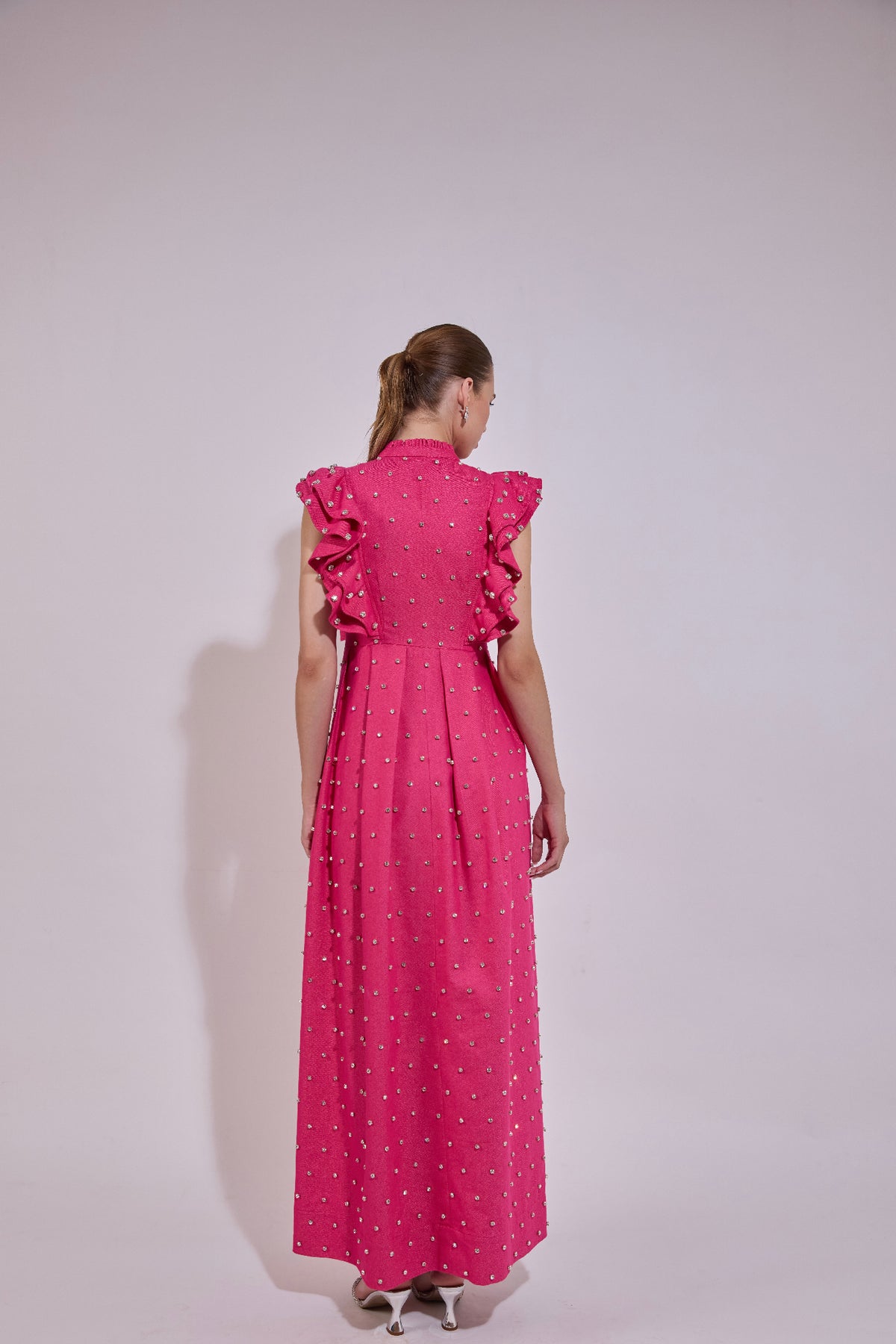 Swarosvki Embellished Pink Long Ruffle Sleeve Denim Dress