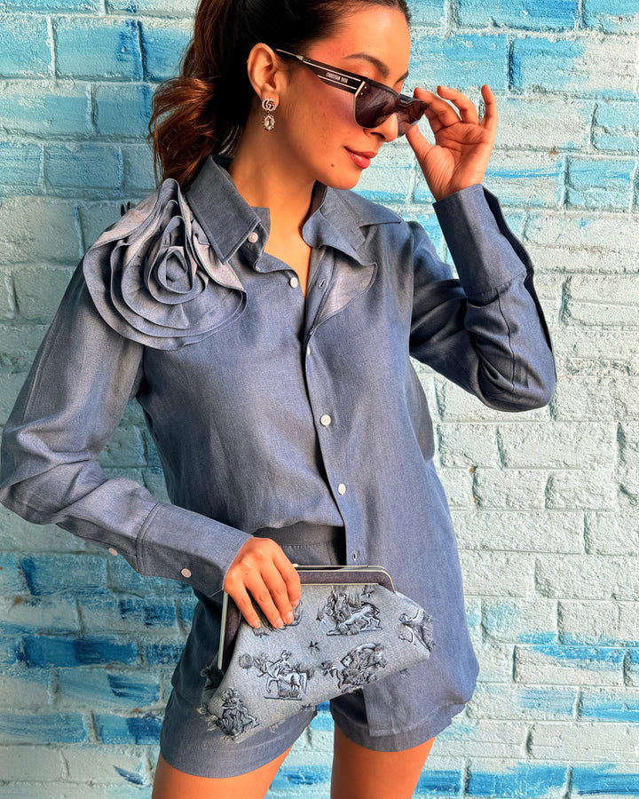 Rose Applique Shirt With Mini Pocket Shorts