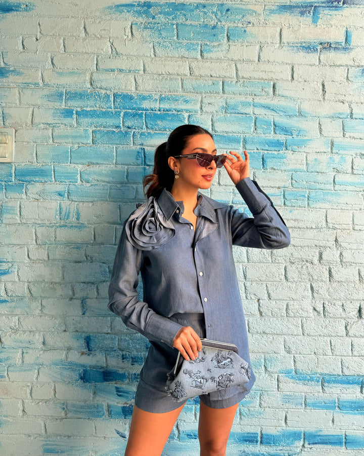 Rose Applique Shirt With Mini Pocket Shorts