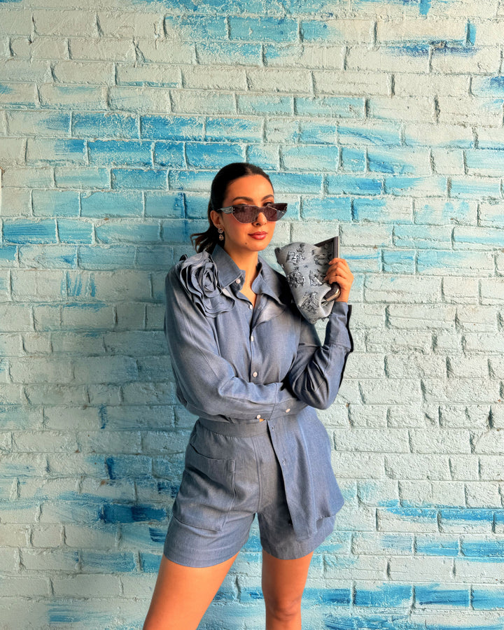 Rose Applique Shirt With Mini Pocket Shorts