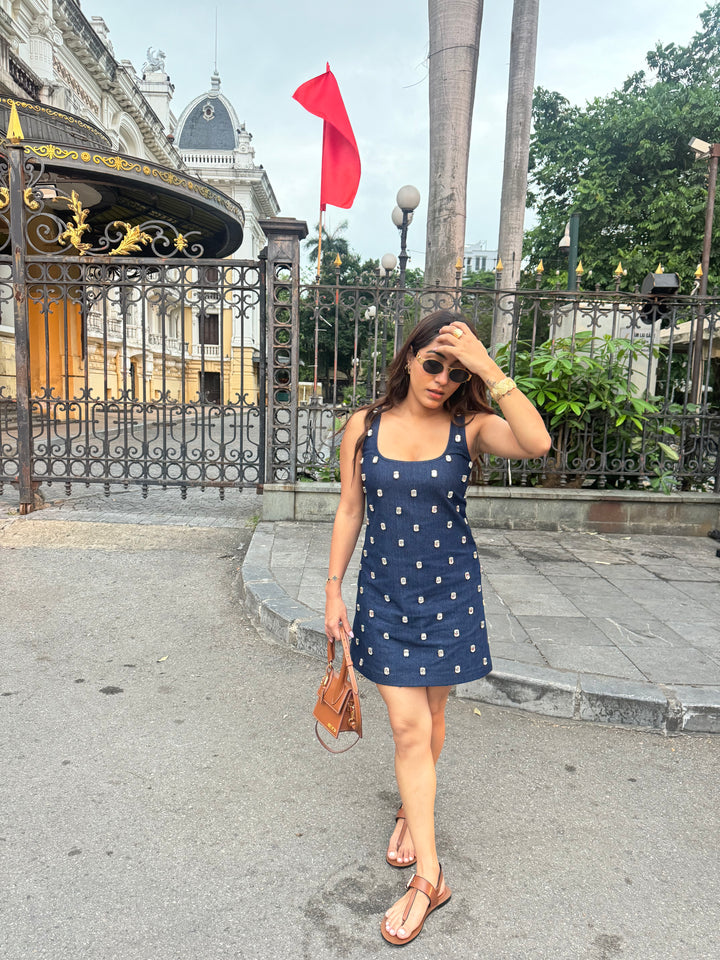 Swarovski Crystals Embellished Mini Denim Dress