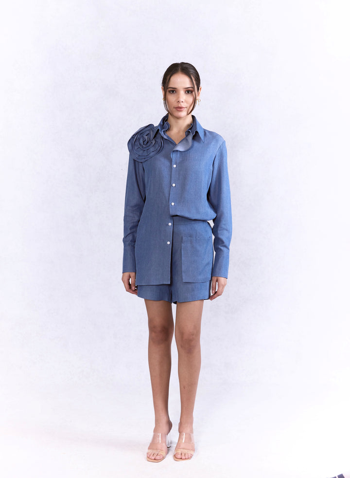 Rose Applique Shirt With Mini Pocket Shorts