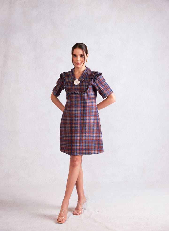 Flower Embellished Frill Collar Shift Check Denim Dress