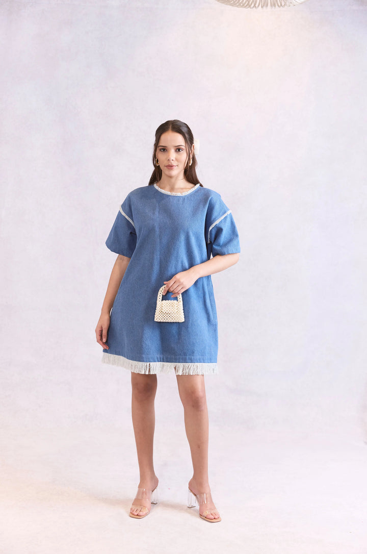 Oversized Frayed Denim Midi Dress