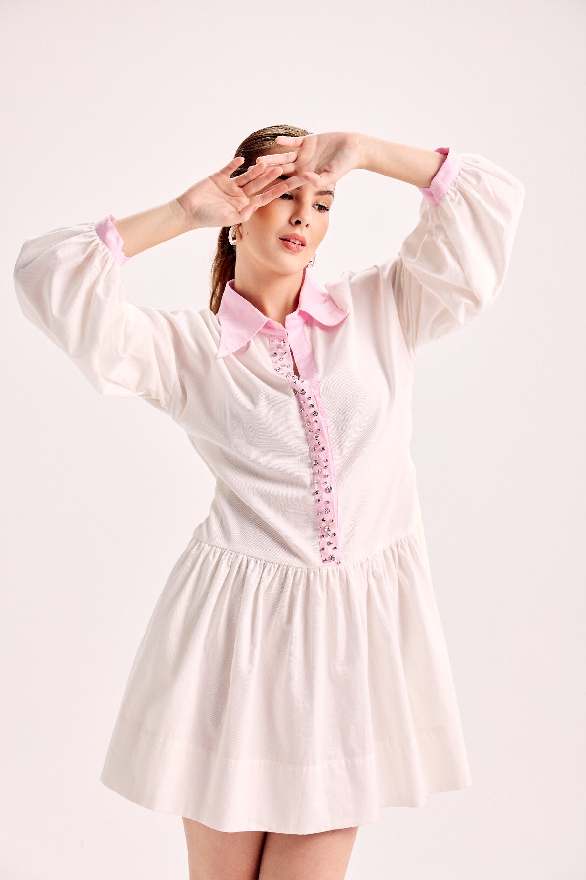 Pink Crystal Placket Shirt Dress