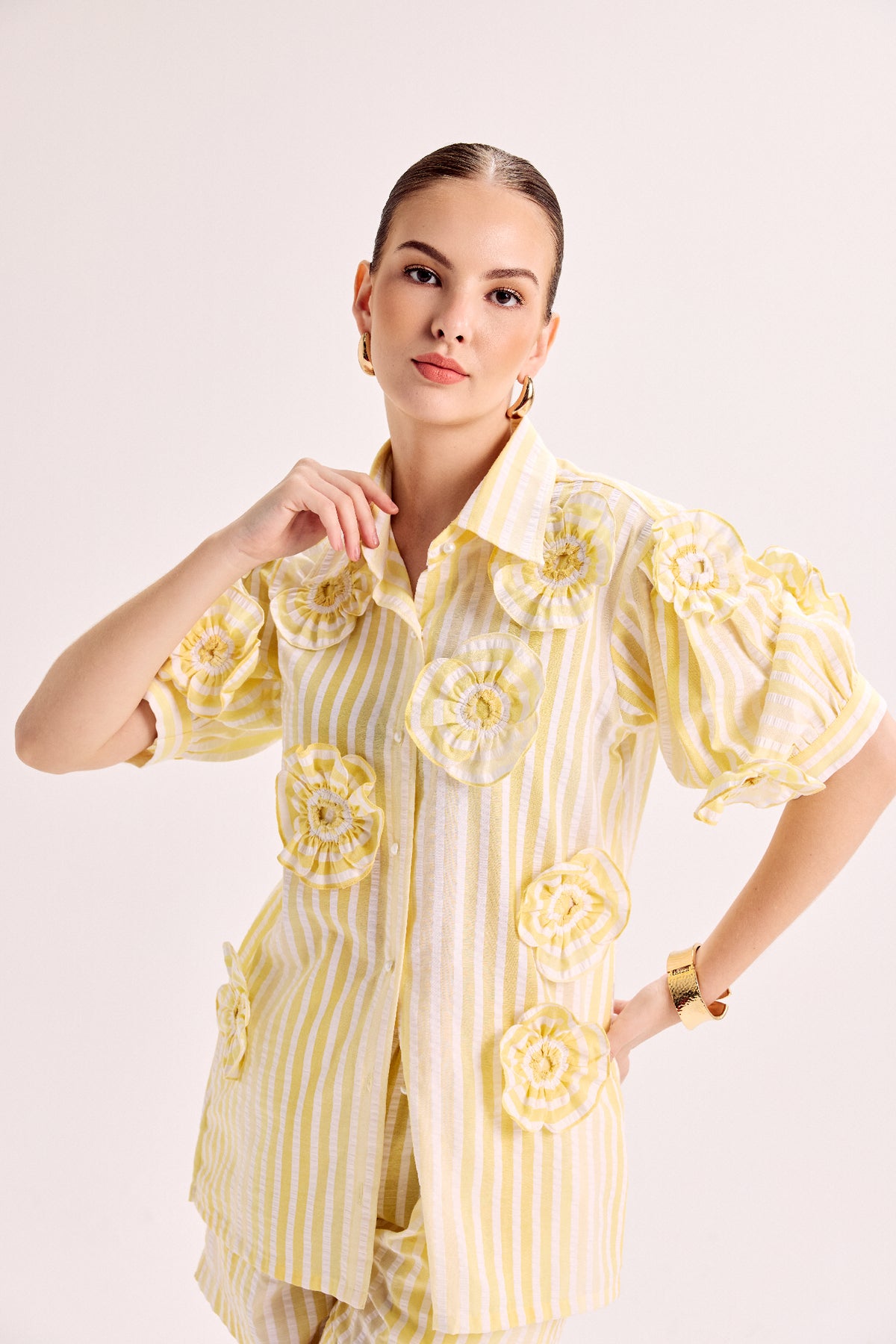 Yellow And White Seersucker Ombre Stripe Flower Shirt Paired With Pocket Shorts