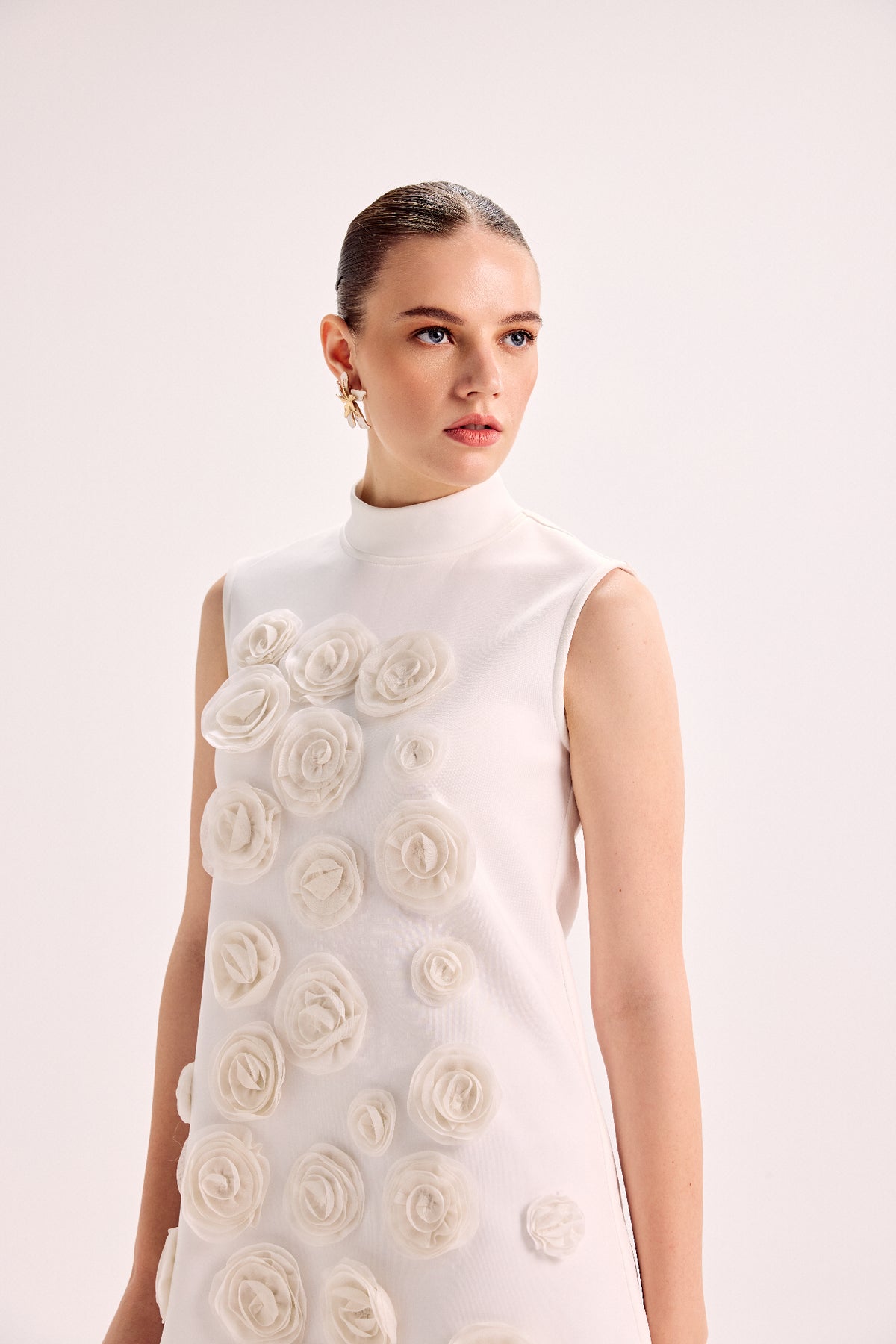 3D Flower Midi Scuba Baby Ivory Dress