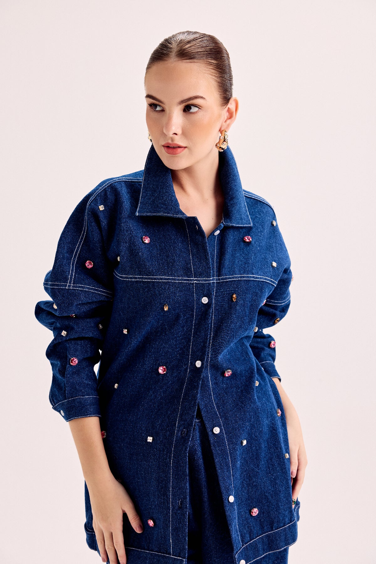 Multicolored Swarovski Embellished Denim Shirt Paired With Embellished Denim Pants
