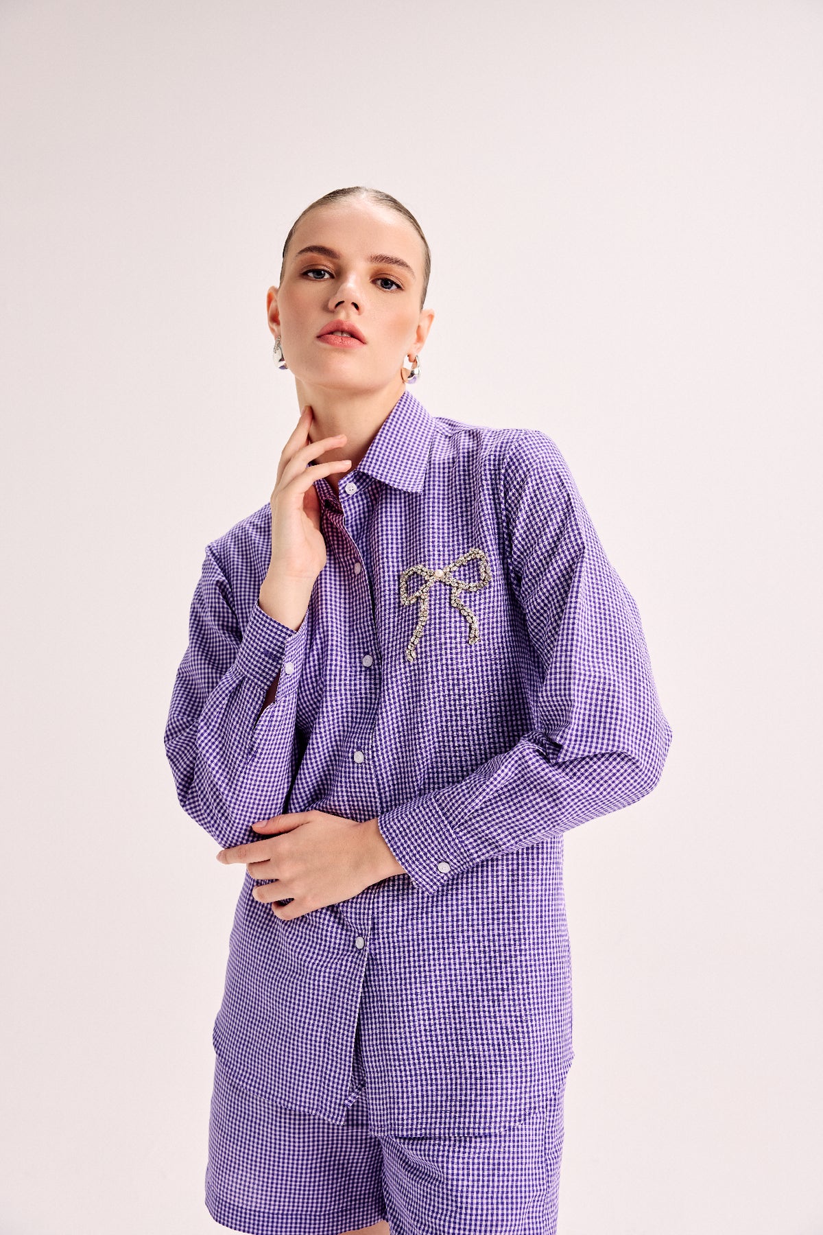 Crystal Bow Gingham Shirt & Shorts Co-Ord Set