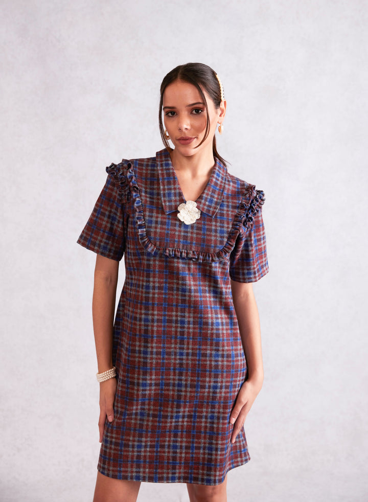 Flower Embellished Frill Collar Shift Check Denim Dress