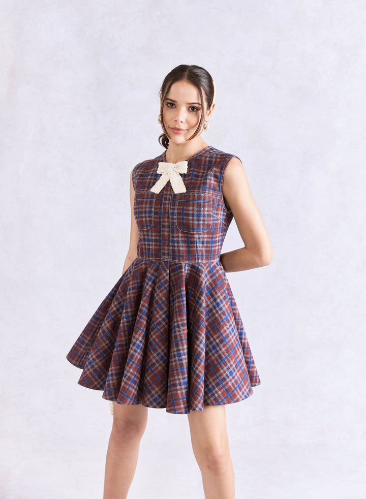 Mini Skater Check Denim Dress With Embellished Bow