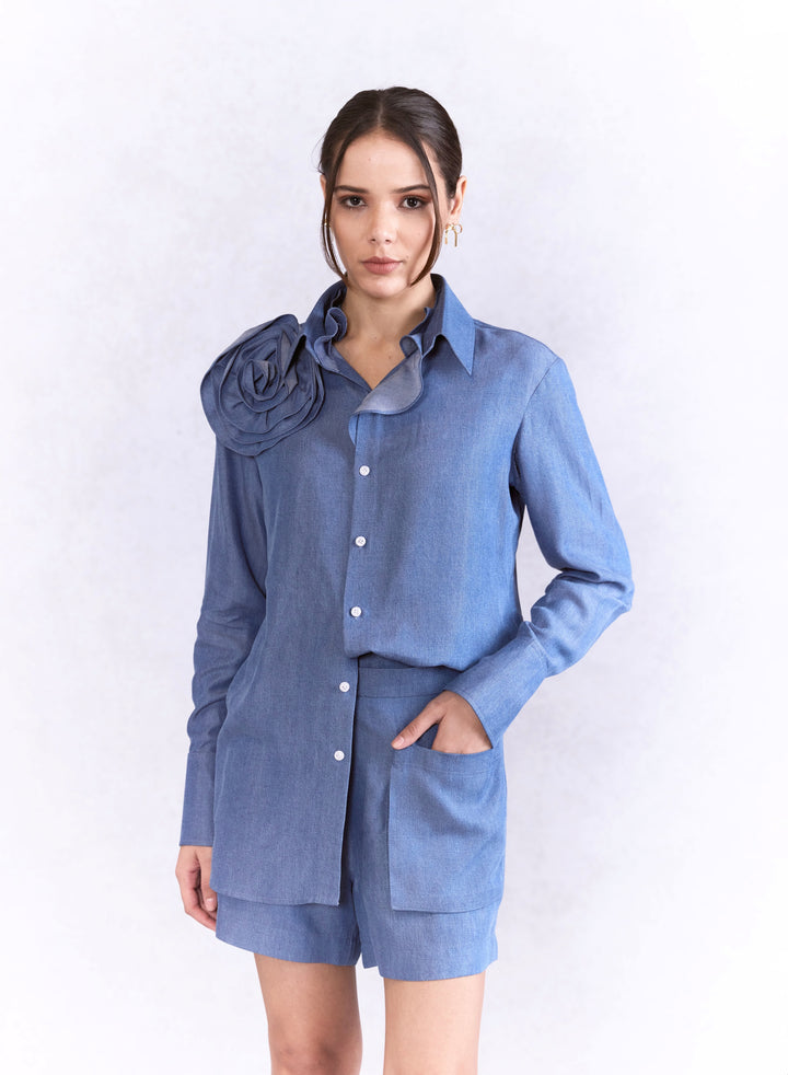 Rose Applique Shirt With Mini Pocket Shorts