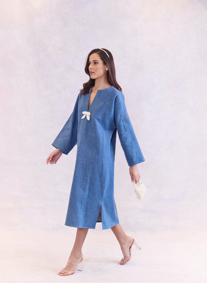 Bow Embellished Kaftan Denim Dress