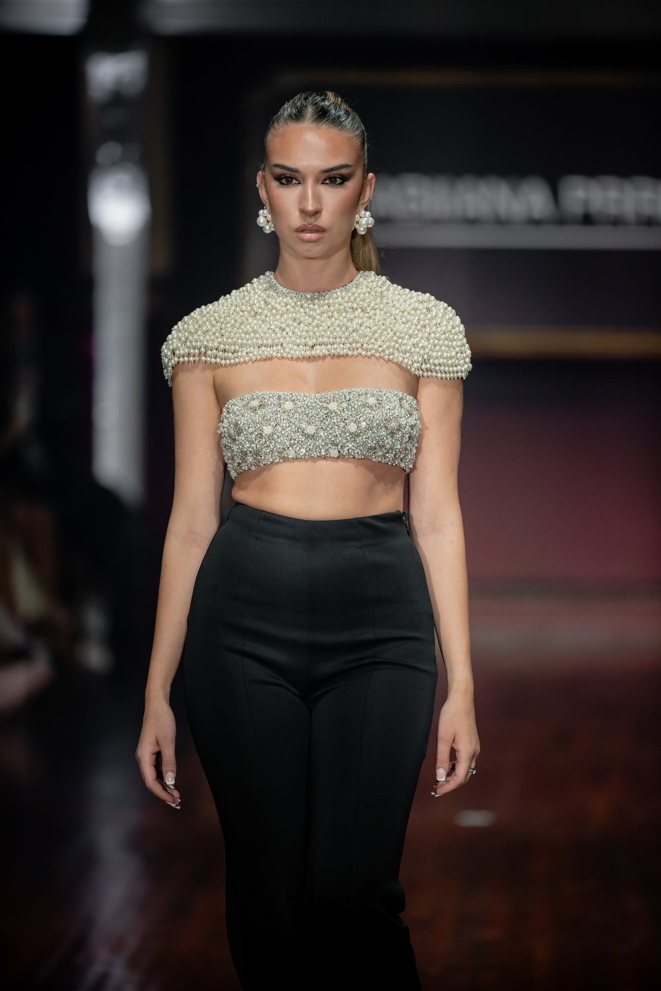 Pearl Embroidered Crop Cape Top Fit And Flare Bootcut Scuba Pants