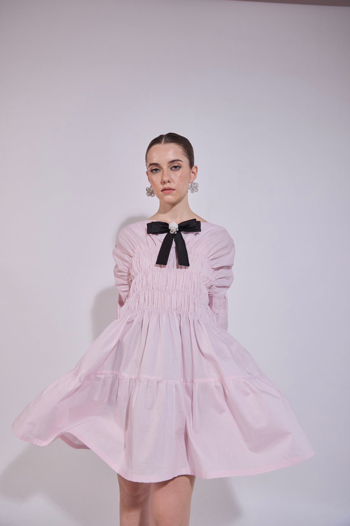 Pintuck Gathered Bow Embellished Loose Fit Dress