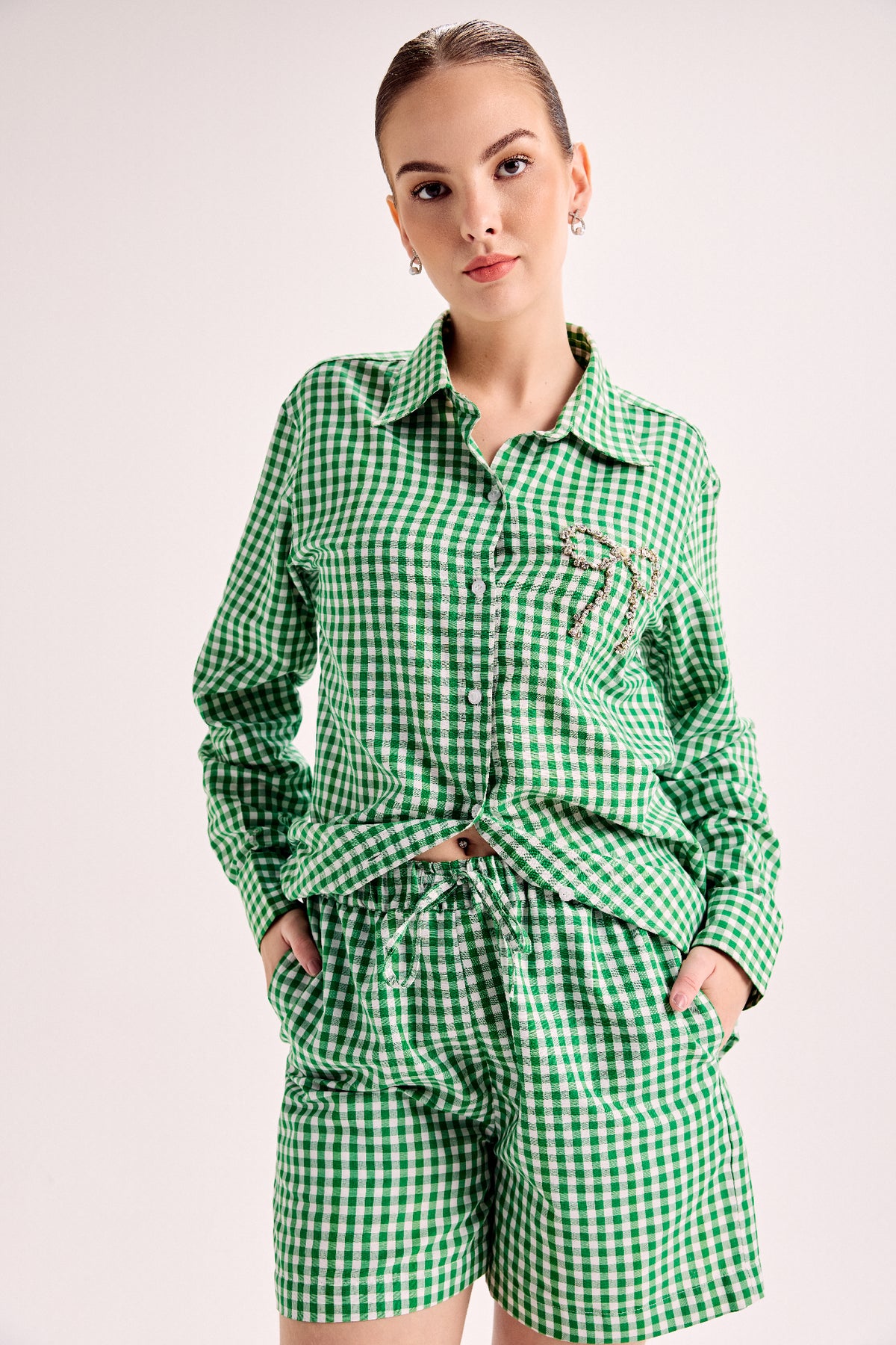 Crystal Bow Gingham Shirt & Shorts Co-Ord Set - Green