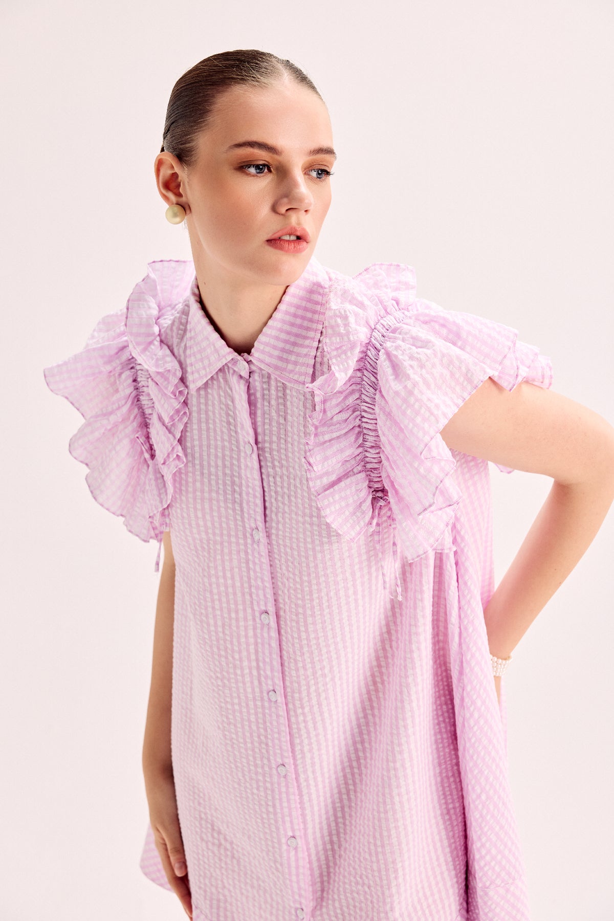Pink And White Stripe Ruffle Sleeve Flowy Dress