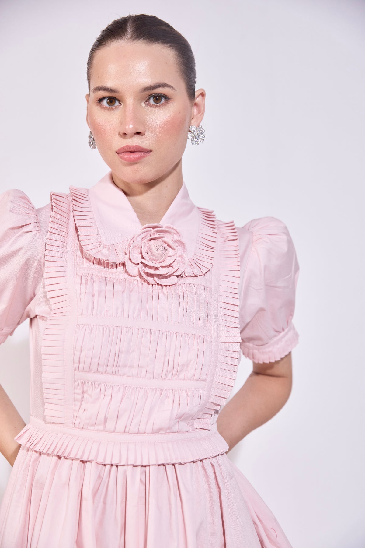 Puff Sleeve Ruffle Mini Dress With Mounted Flower