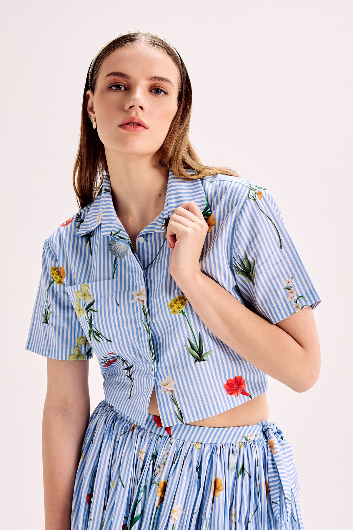 Pinstripe Floral Border Crop Shirt & Midi Skirt Set