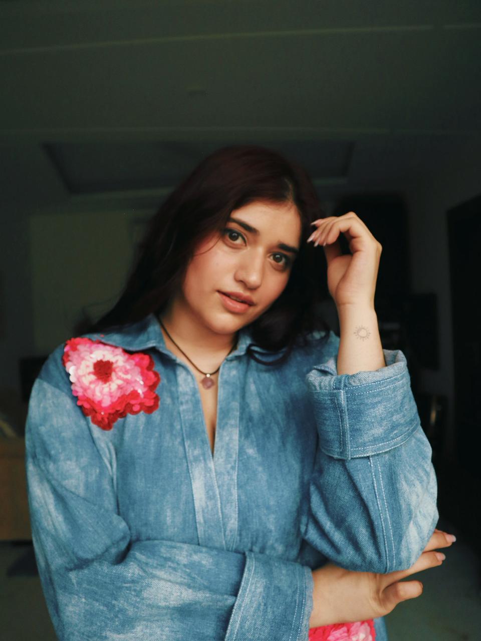 Floral Applique Denim Shift Dress