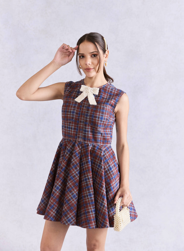 Mini Skater Check Denim Dress With Embellished Bow