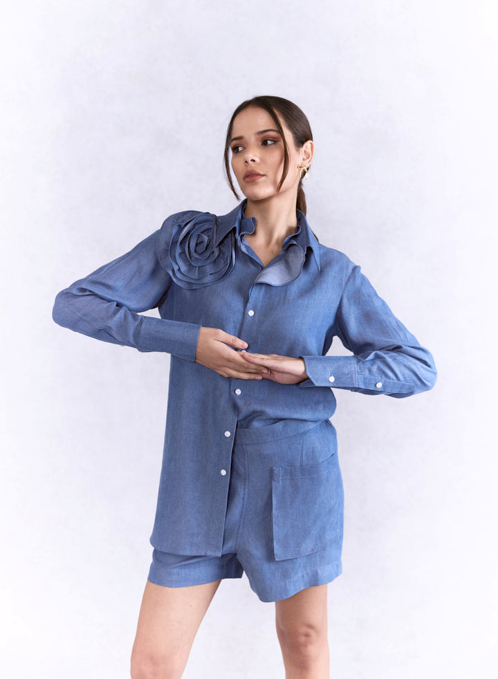 Rose Applique Shirt With Mini Pocket Shorts