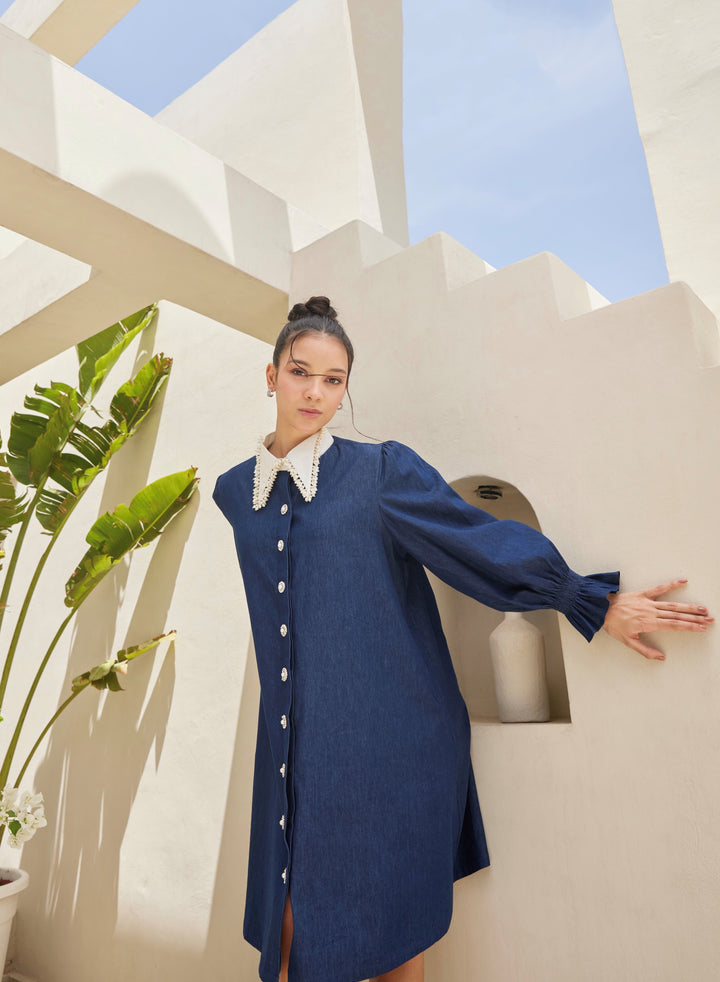 Peter Pan Embellished Collar Denim Dress