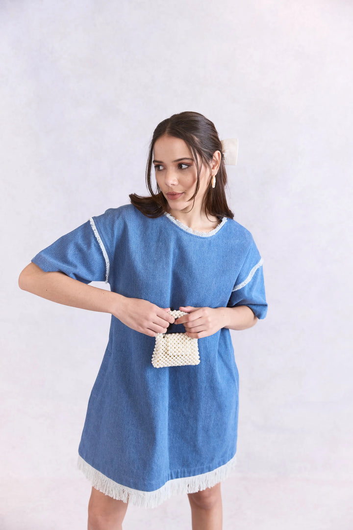 Oversized Frayed Denim Midi Dress