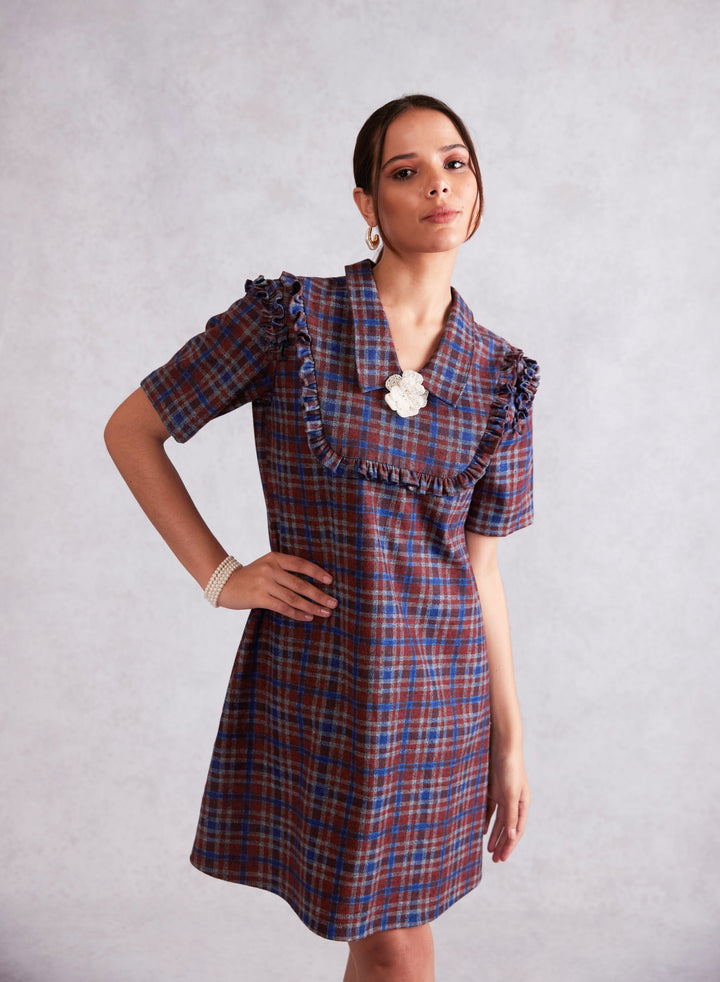 Flower Embellished Frill Collar Shift Check Denim Dress