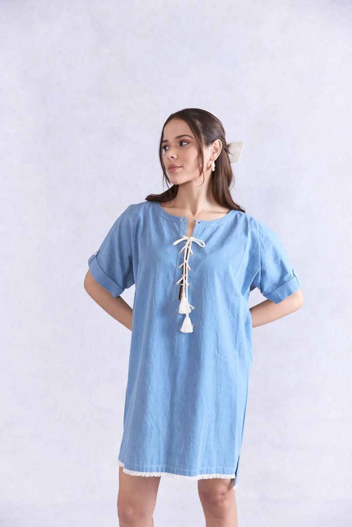 Lace Up Shift Midi Denim Dress