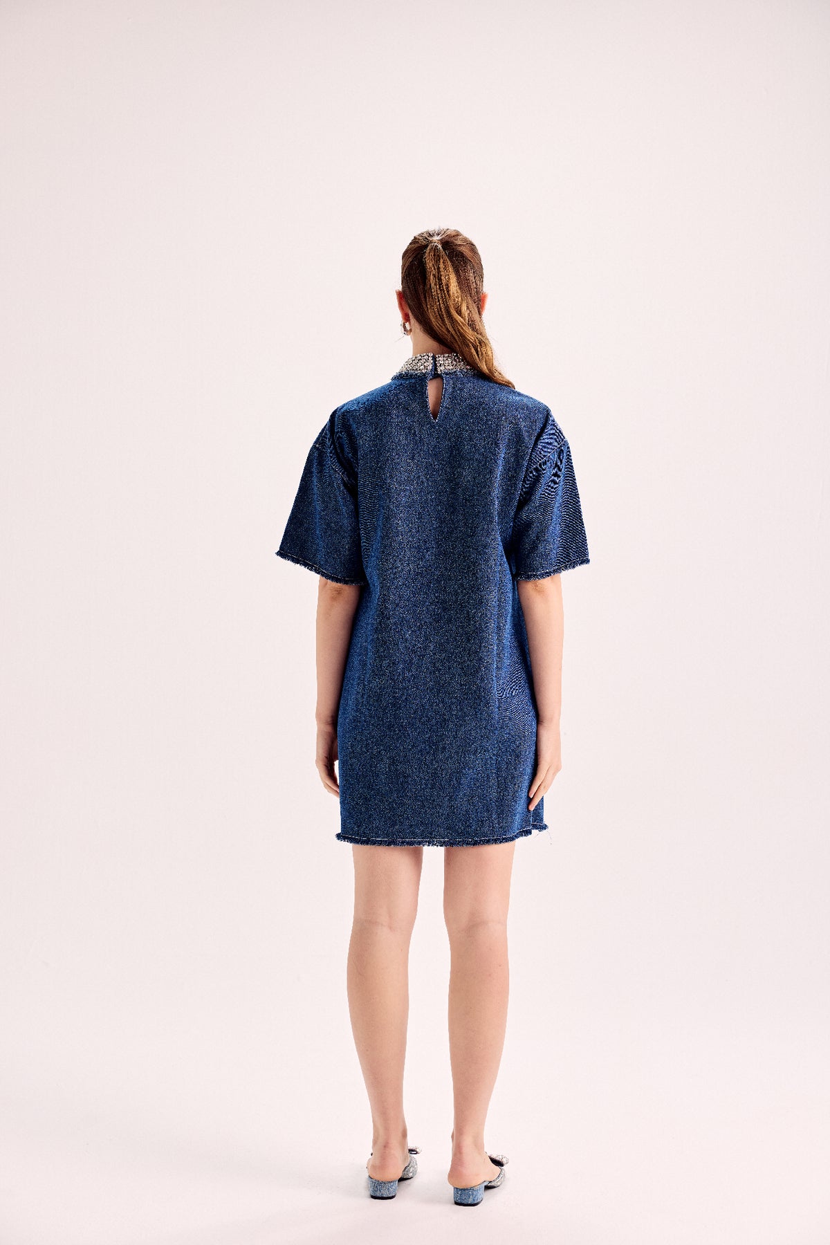 Swarovski Embellished Collar Loose Fit Denim Dress
