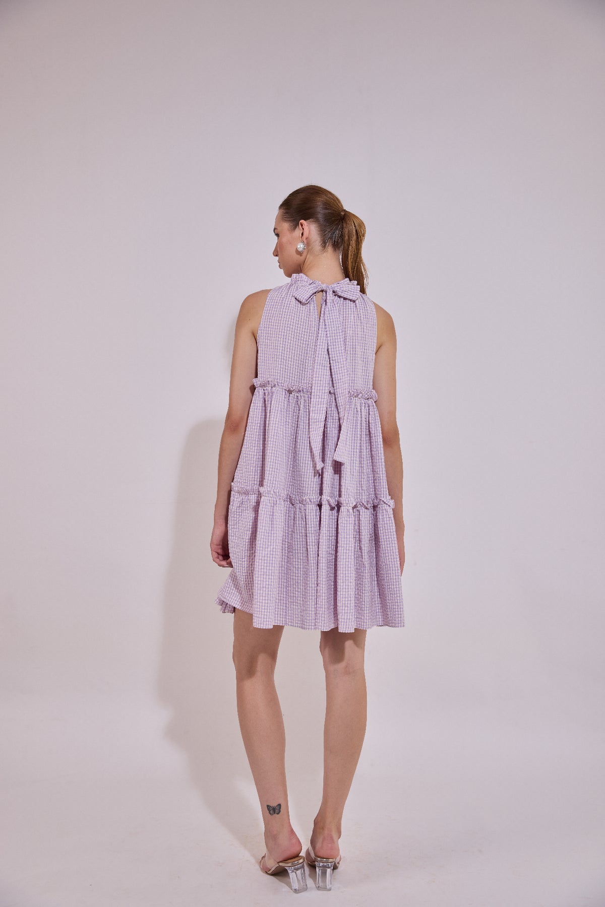 Lavender Tiered Flare Dress With Embellished Flower