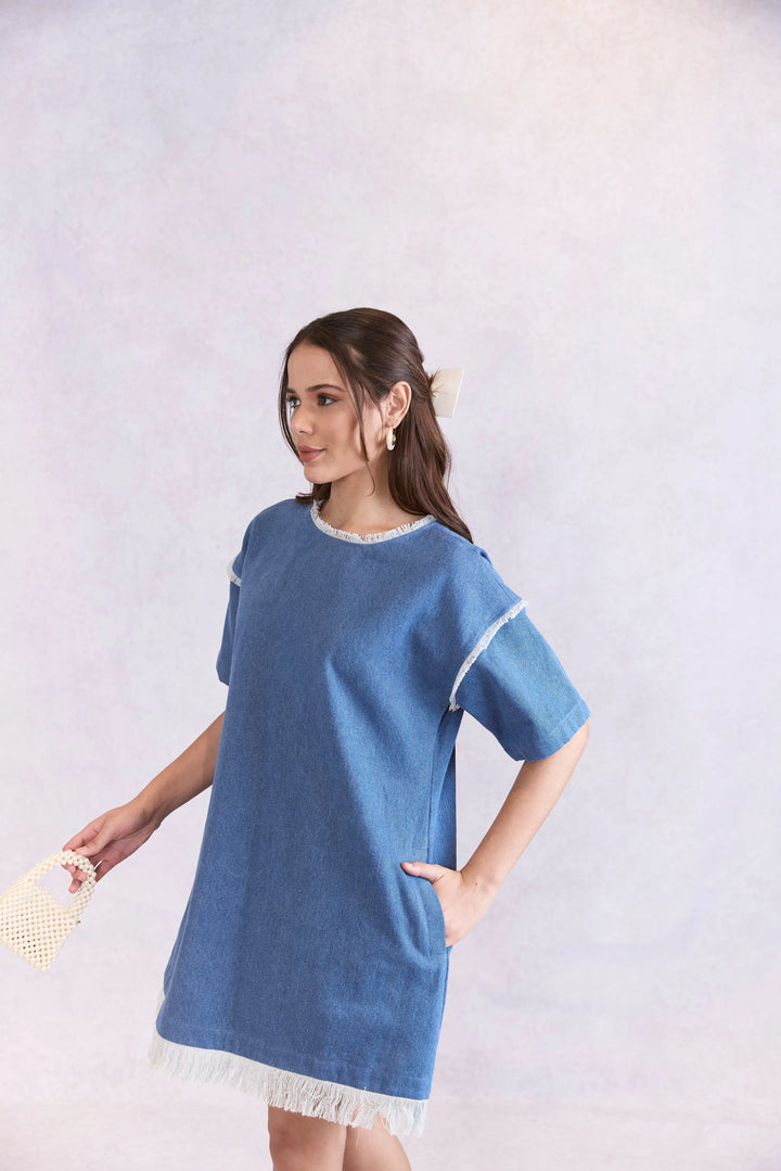 Oversized Frayed Denim Midi Dress