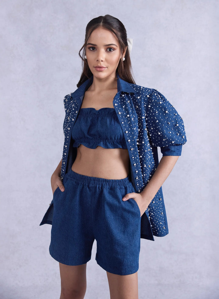 Embellished Denim Jacket With Denim Bustier And High Waist Shorts