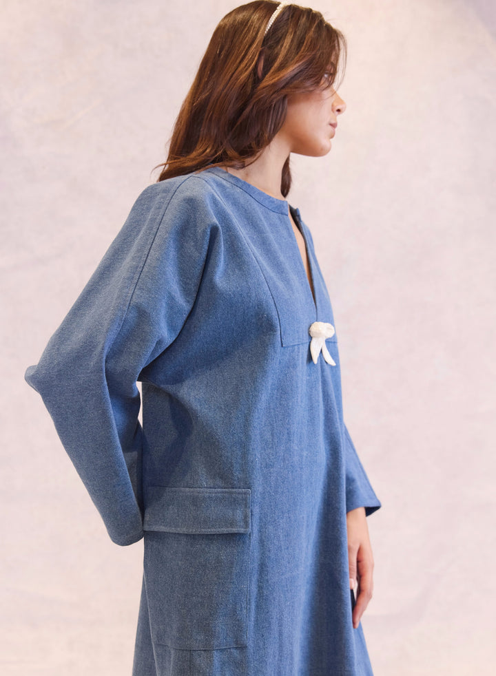 Bow Embellished Kaftan Denim Dress