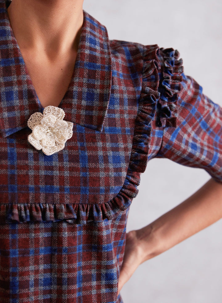 Flower Embellished Frill Collar Shift Check Denim Dress