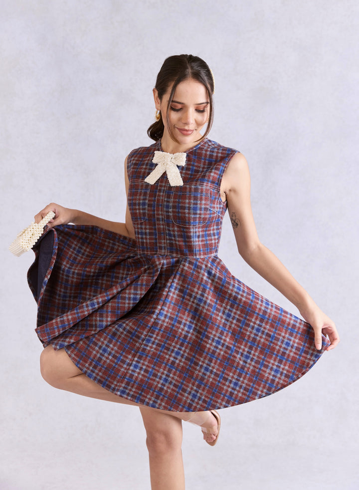 Mini Skater Check Denim Dress With Embellished Bow