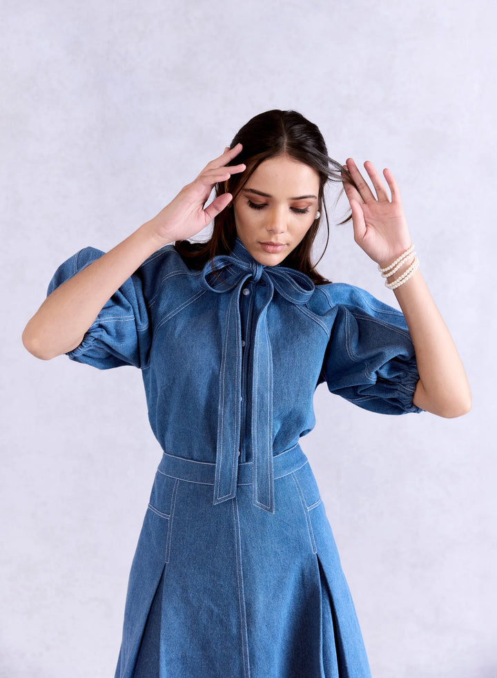 Bow Tie Lantern Denim Shirt & Box Pleat Denim Skirt