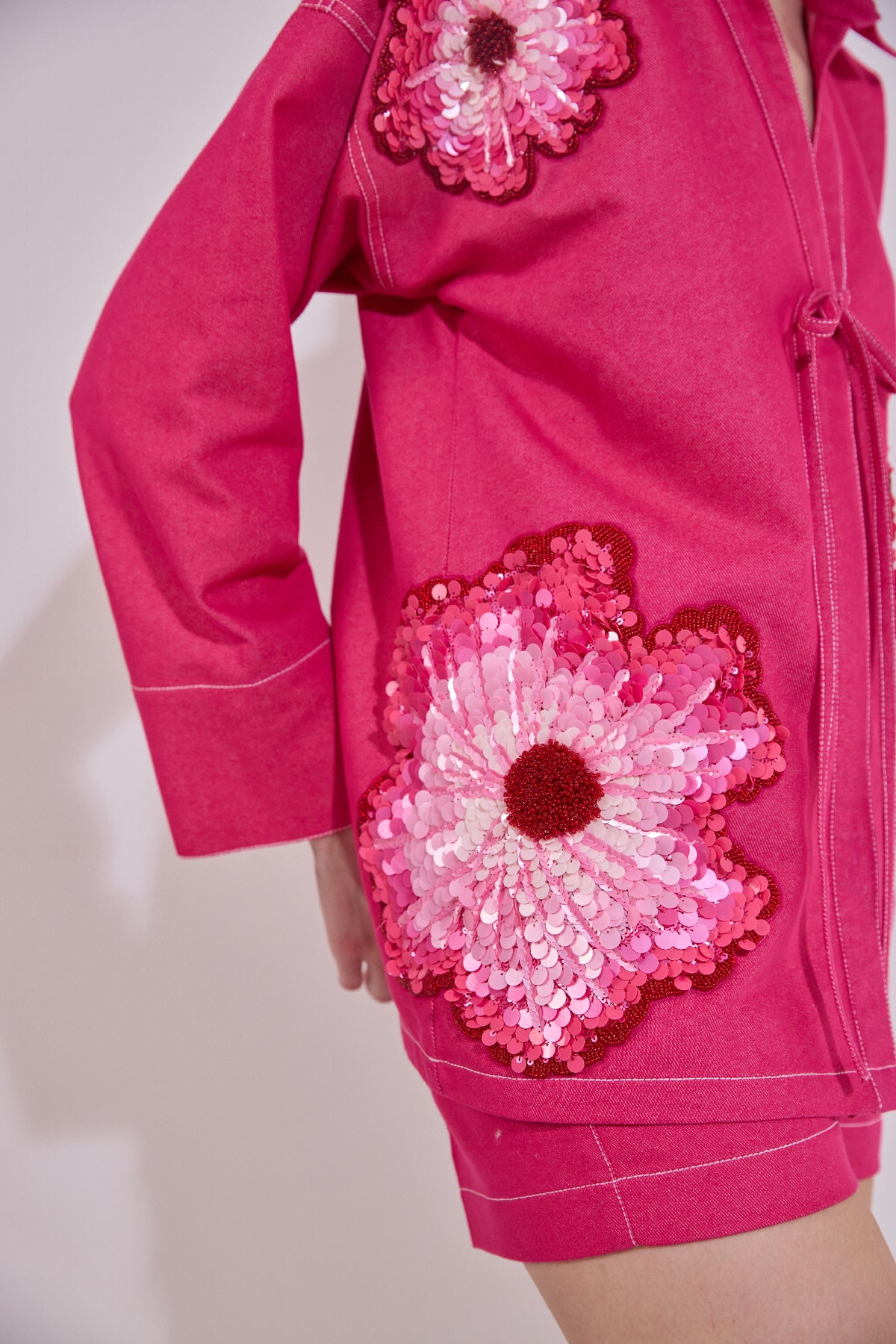 Flower Embroidered Gingham Chinese Collar Shirt