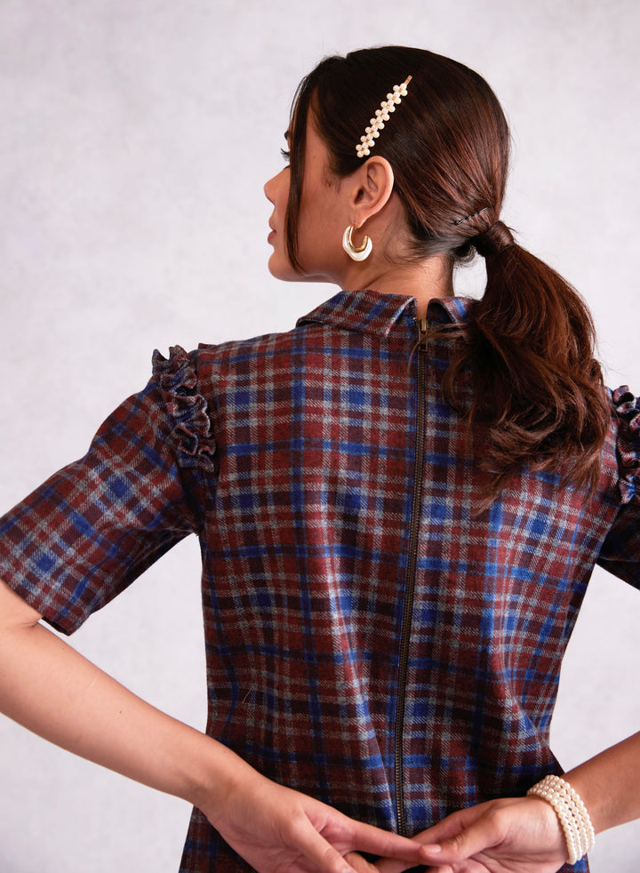 Flower Embellished Frill Collar Shift Check Denim Dress