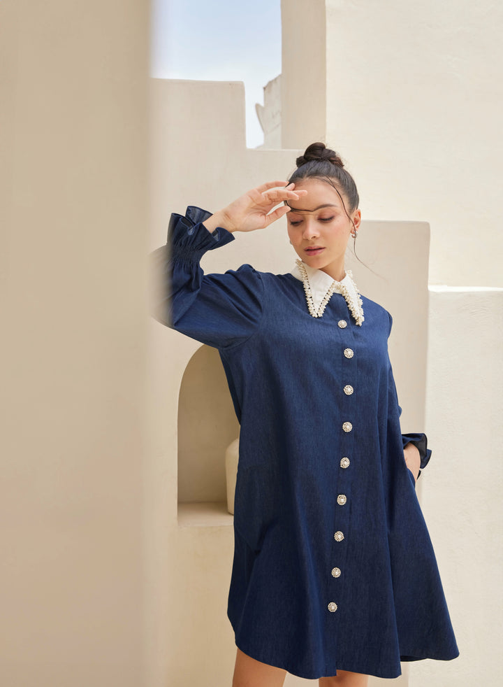 Peter Pan Embellished Collar Denim Dress