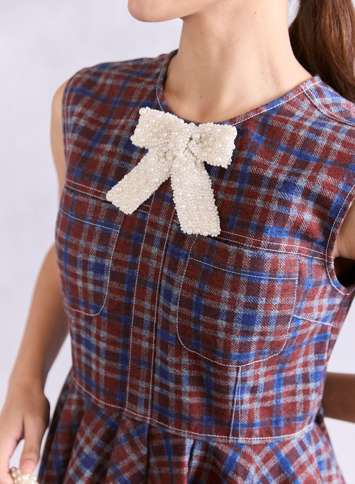 Mini Skater Check Denim Dress With Embellished Bow