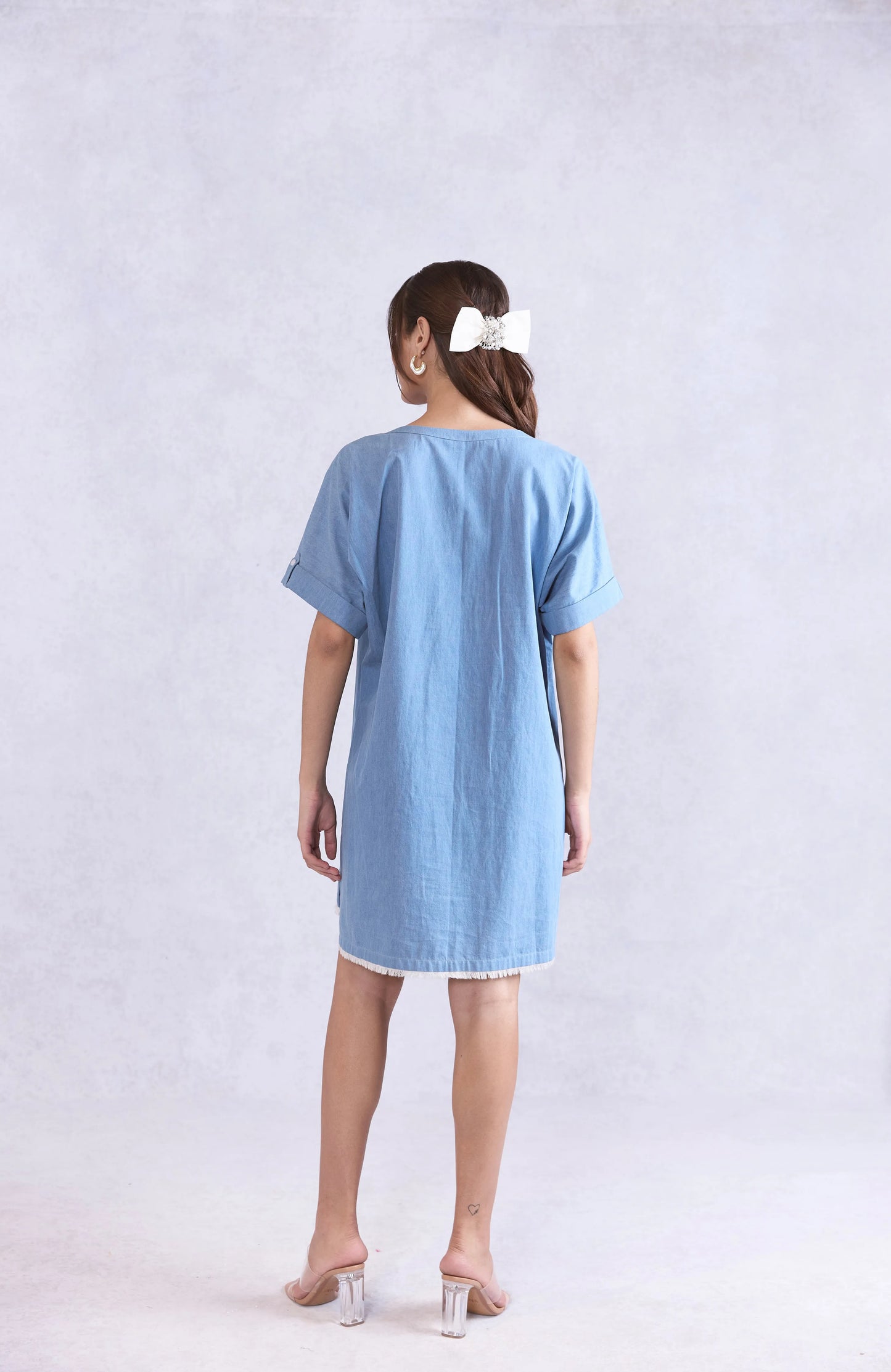 Lace Up Shift Midi Denim Dress