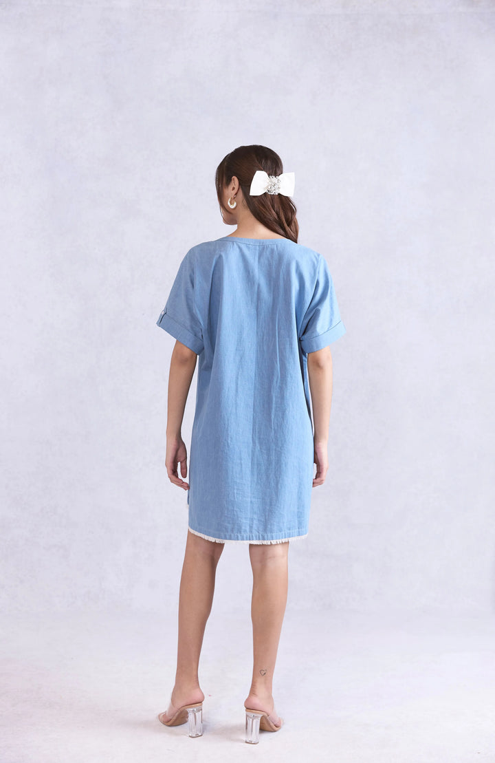 Lace Up Shift Midi Denim Dress
