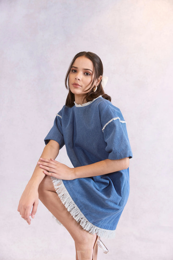 Oversized Frayed Denim Midi Dress