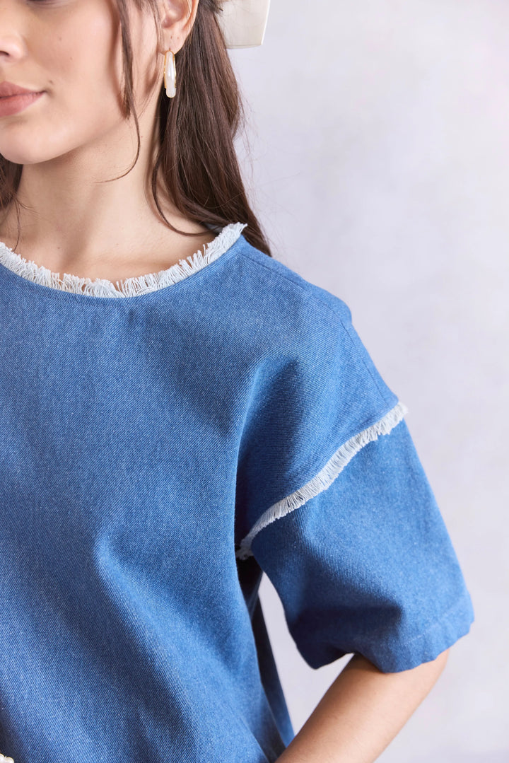 Oversized Frayed Denim Midi Dress