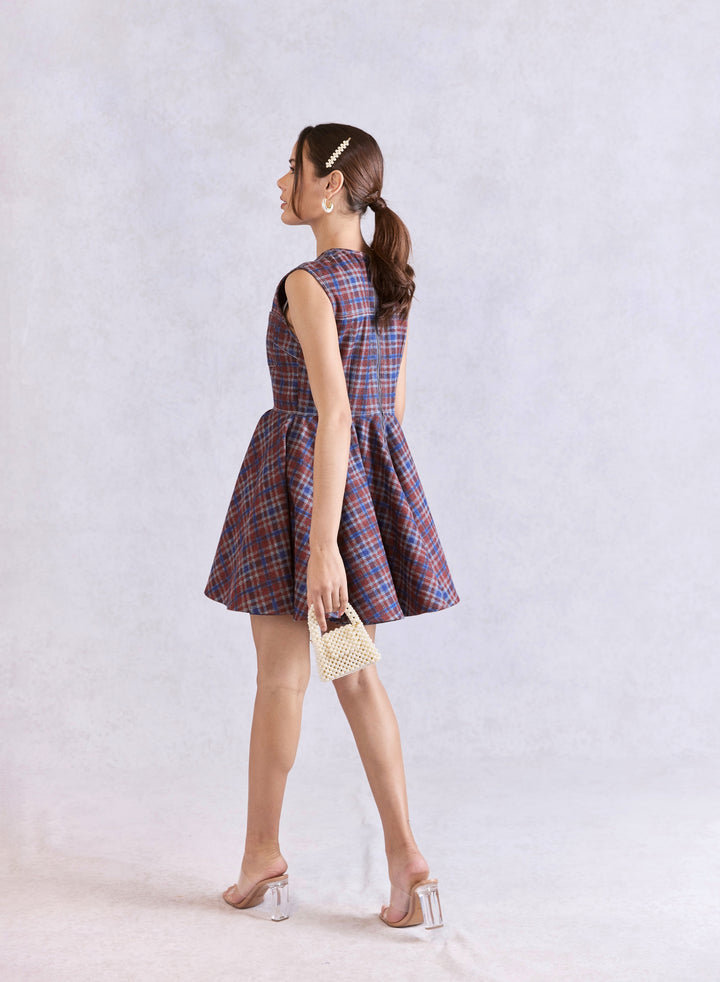 Mini Skater Check Denim Dress With Embellished Bow