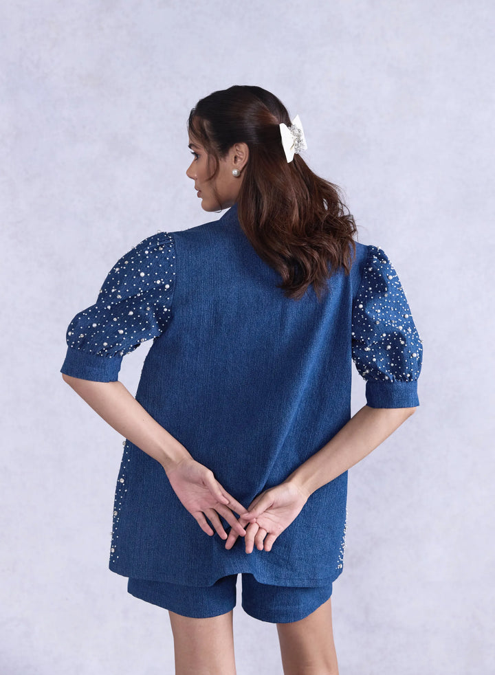 Embellished Denim Jacket With Denim Bustier And High Waist Shorts